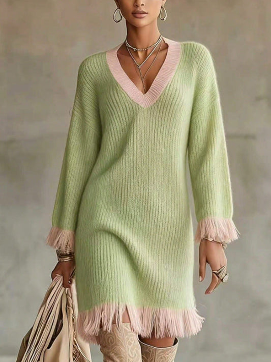 Women Color‑Block Knit Sweater Dress, V‑Neck Long Sleeve Fringe Trim Cuff & Hem Loose Fall Winter Mini Dress