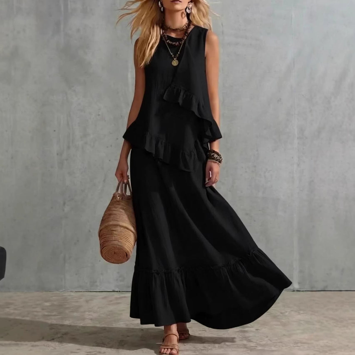 Asymmetrical Ruffle Sleeveless Textured Maxi Dress, Flowy Loose Summer Resort Long Dress