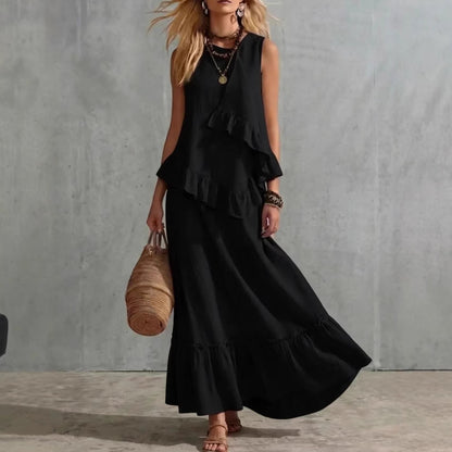 Asymmetrical Ruffle Sleeveless Textured Maxi Dress, Flowy Loose Summer Resort Long Dress