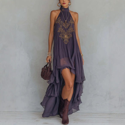 Robe maxi bohème brodée, à col licou et ourlet haut‑bas