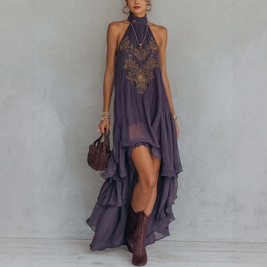 Robe maxi bohème brodée, à col licou et ourlet haut‑bas