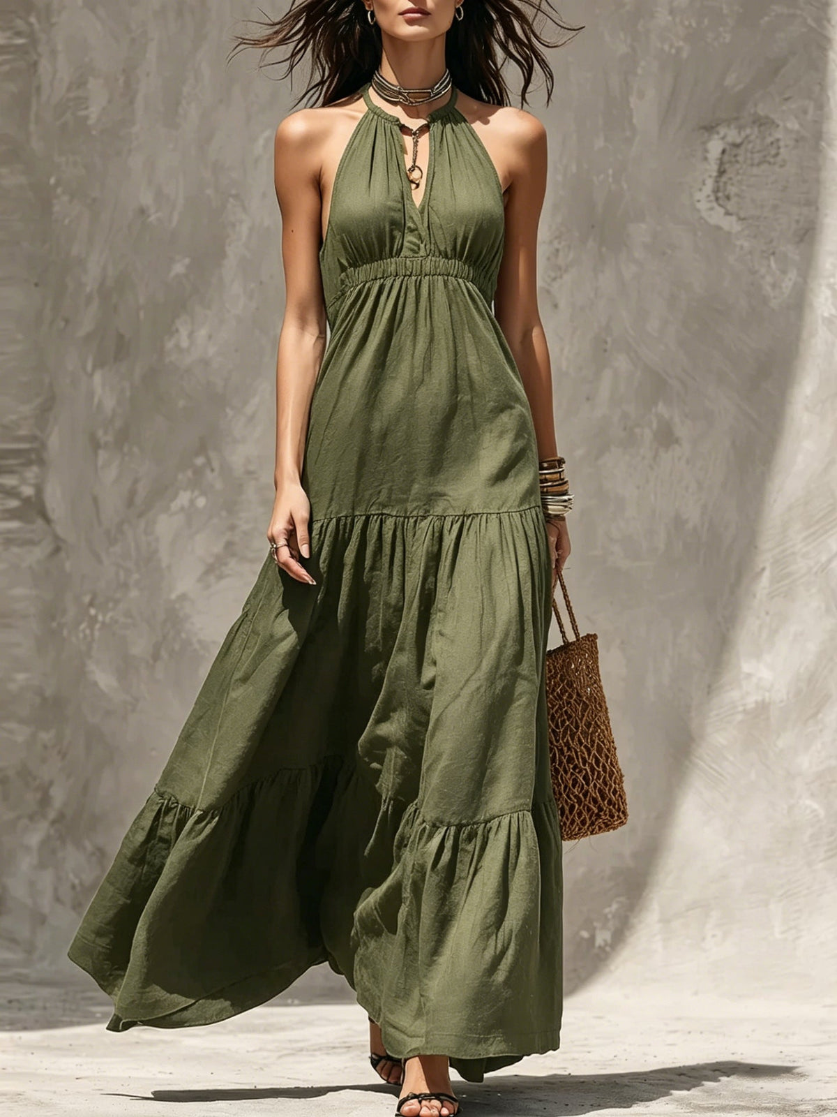 Halter Keyhole Neck Crinkled Tiered Maxi Dress