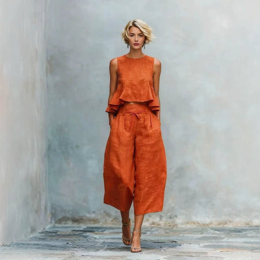 Linen Ruffle Crop Top Tie Waist Culotte Two Piece Set