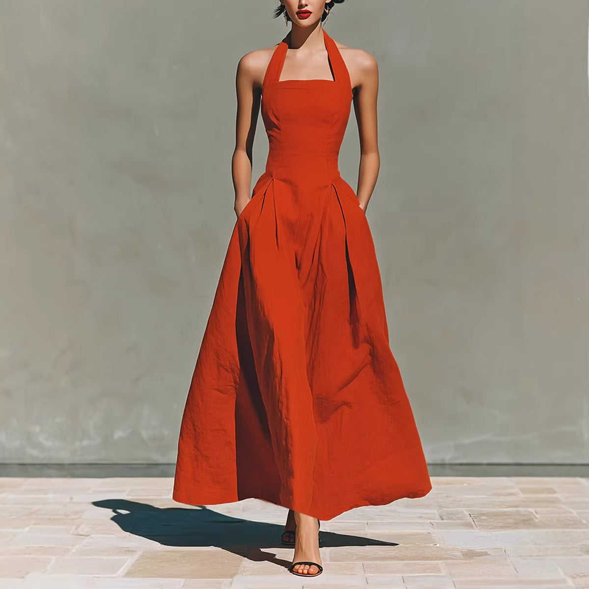 Halter Square Neck Pleated A-Line Midi Dress