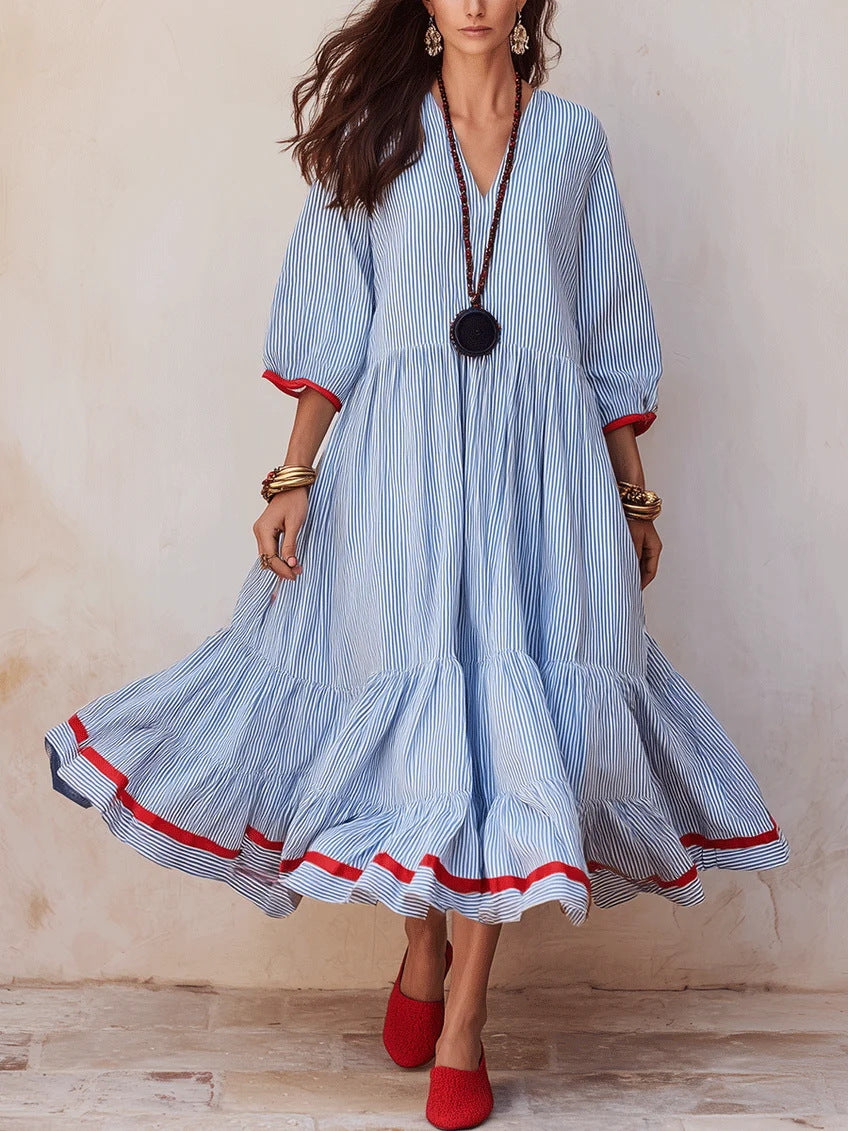 Robe longue à rayures étagée en mélange de lin et liseré rouge
