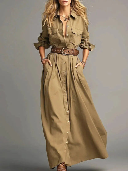 Robe longue boutonnée à col revers pour femme, à manches longues et coupe trapèze, avec poches