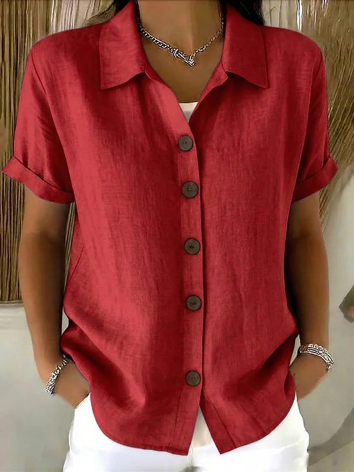 Chemise en lin à manches courtes pour femme, à col rabattu