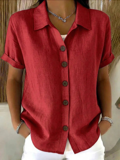 Chemise en lin à manches courtes pour femme, à col rabattu