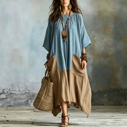 Color Block 3/4 Sleeve Round Neck Linen Blend Irregular Hem Maxi Dress With Pockets