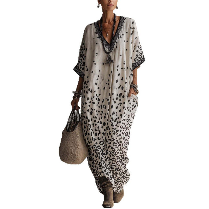 White Gradient Leopard Print Batwing Caftan Maxi Kaftan Dress