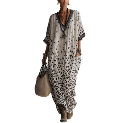 White Gradient Leopard Print Batwing Caftan Maxi Kaftan Dress