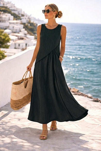 Contrast Piping Sleeveless A-Line Maxi Dress With Side Pockets