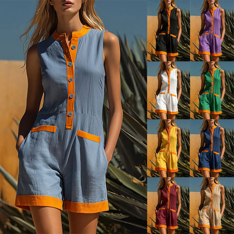 Contrast Trim Sleeveless Linen Short Jumpsuit