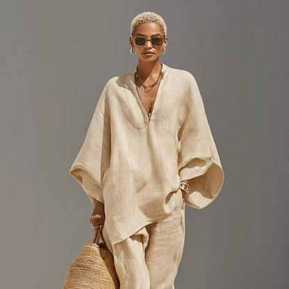 Ensemble lin neutre pour femme avec ourlet asymétrique & design minimaliste, ensemble de style décontracté‑quotidien sophistiqué