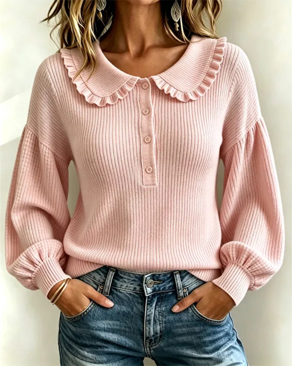 Women's Ruffle Collar Ribbed Knit Sweater
