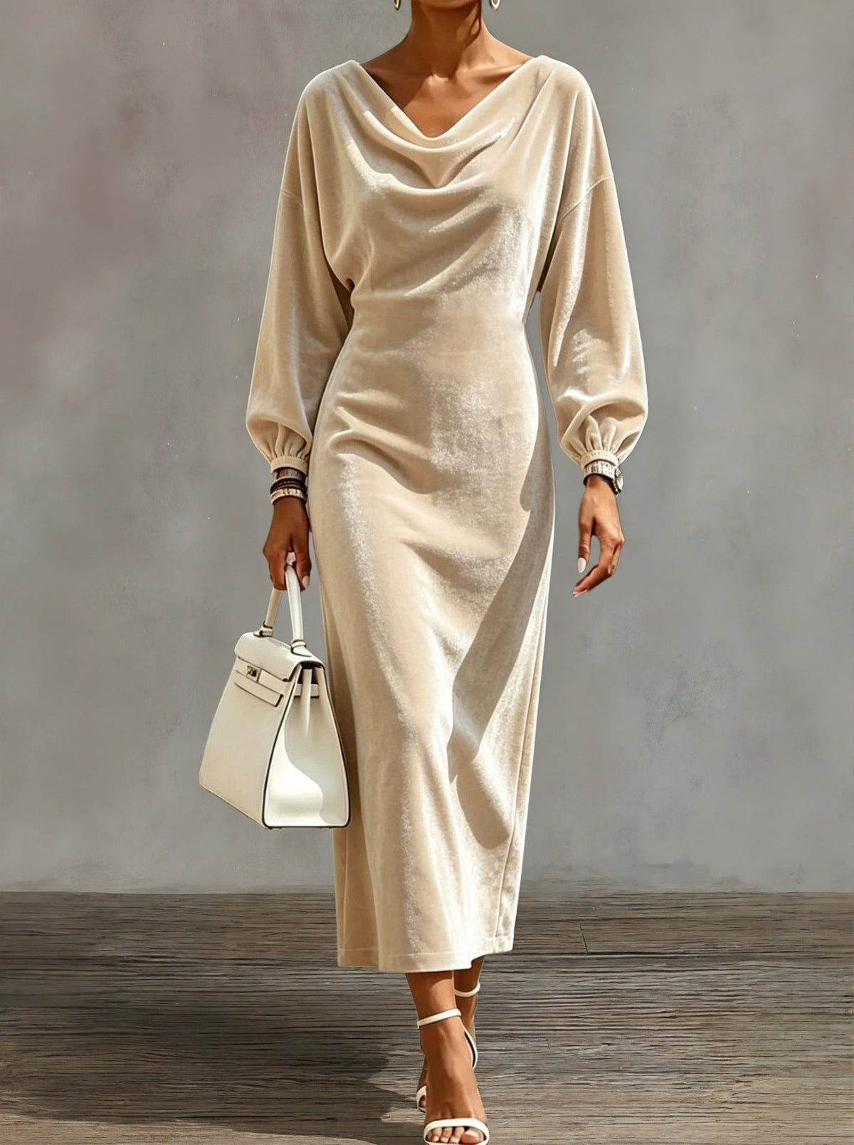 Robe midi en velours à col cache‑cou et manches bouffantes