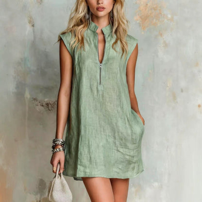 Linen Stand Collar Half Zip Sleeveless Pocket Mini Shift Dress