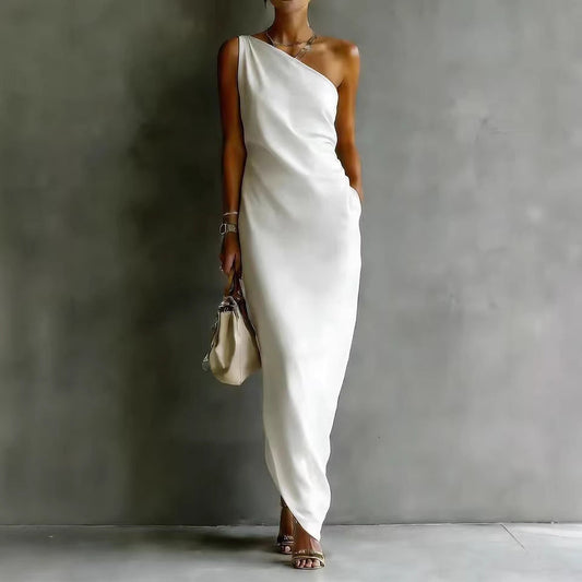 Solid Color Satin Slant Shoulder Drape Slim Long Dress