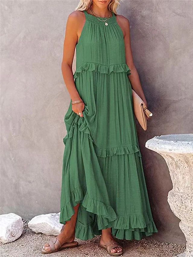 Halter Ruffle Tiered Flowy Maxi Dress