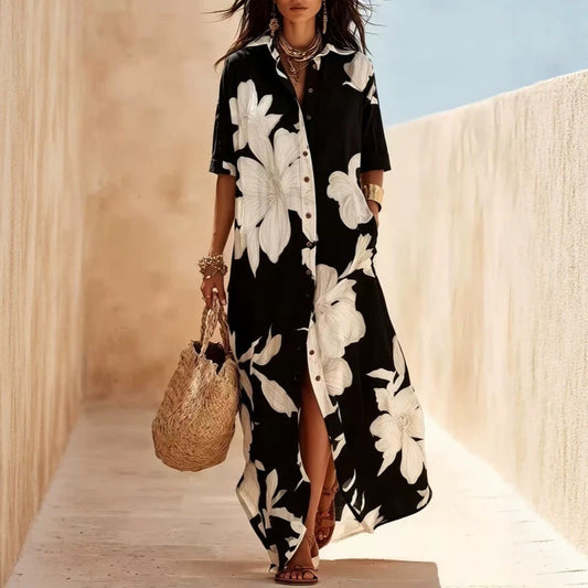 Robe longue fleurie décontractée à revers et boutons