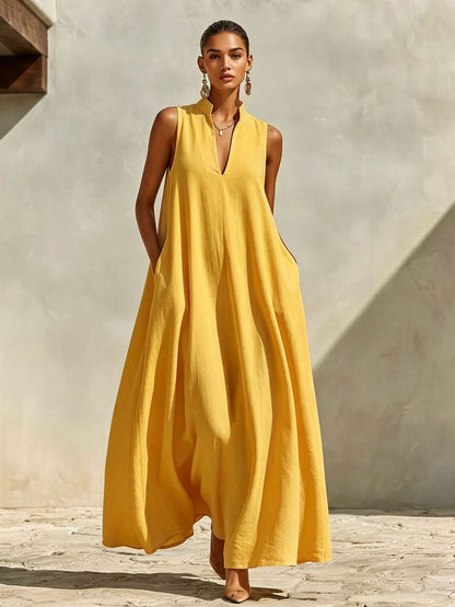 Stand Collar Sleeveless Linen Blend Pocketed Oversized Maxi Dress