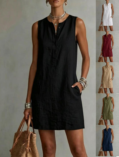 Robe mini en lin sans manches à boutons