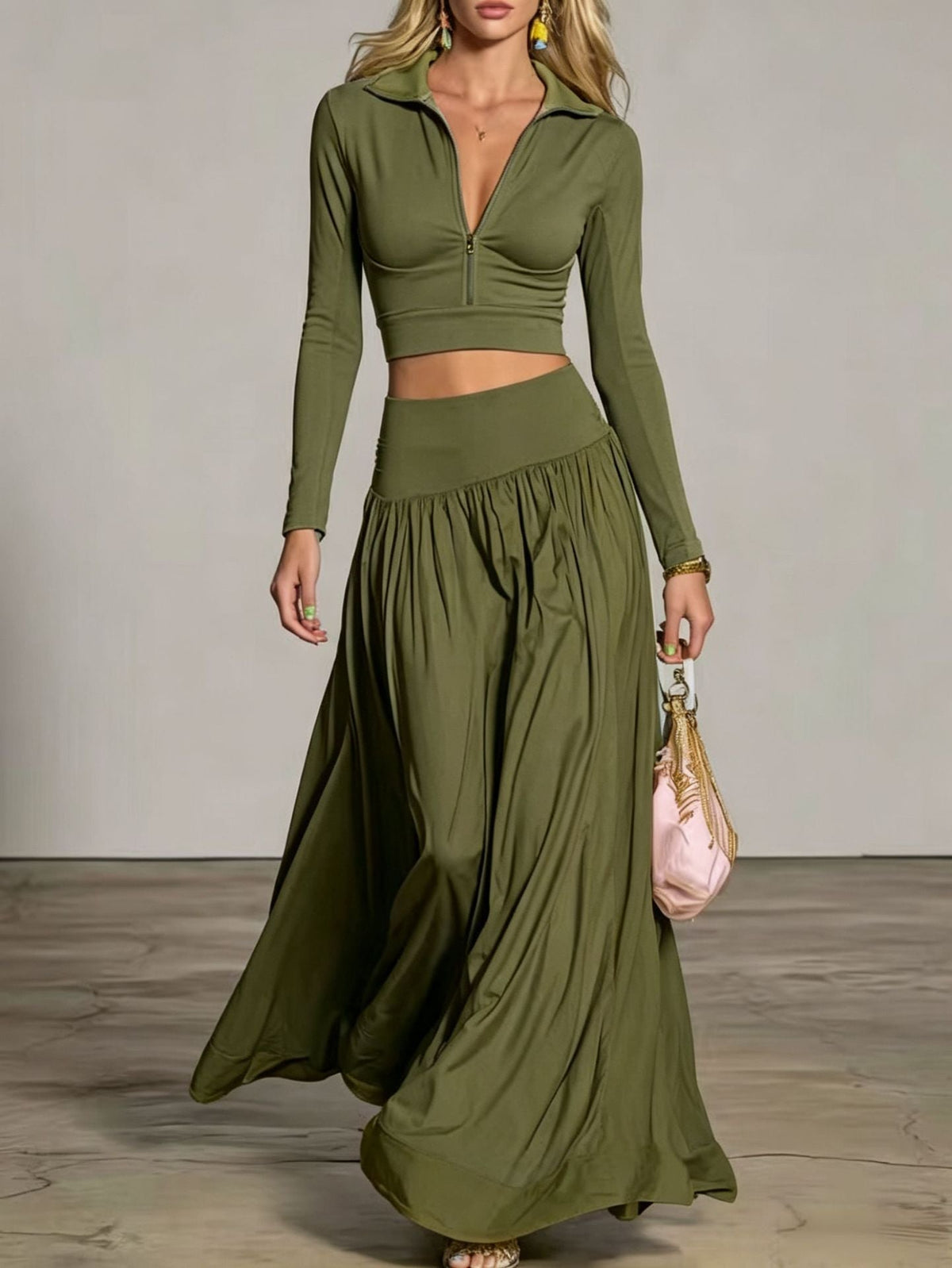 Half‑Zip Crop Top & High‑Waist Flowy Maxi Skirt Two‑Piece Set - Army green / S