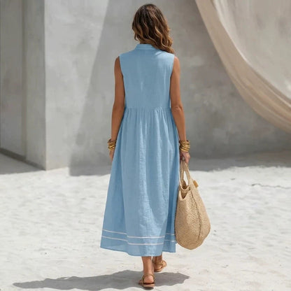 Stand Collar Pleated Zip Front Sleeveless Linen Midi Dress
