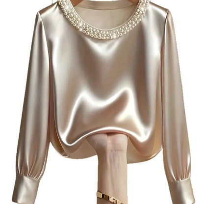 blouse femme ajustée à col perlé en satin luxueux, manches longues