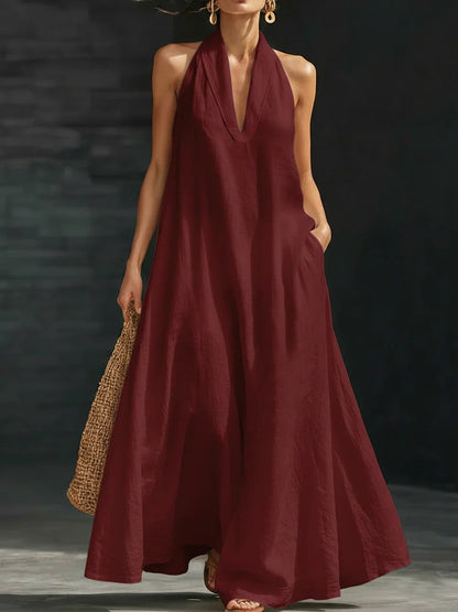 Robe longue élégante noire à col licou – Robe d'été décontractée ample en coton lin avec poches