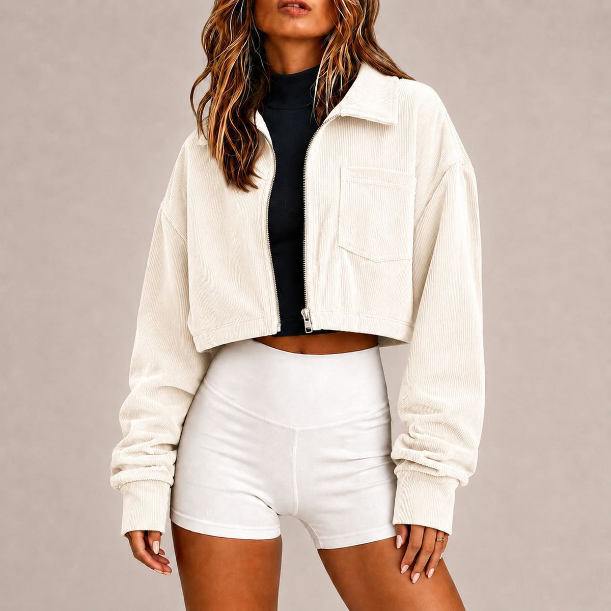 Zip‑Up Collared Corduroy Cropped Jacket With Chest Pocket - White / S