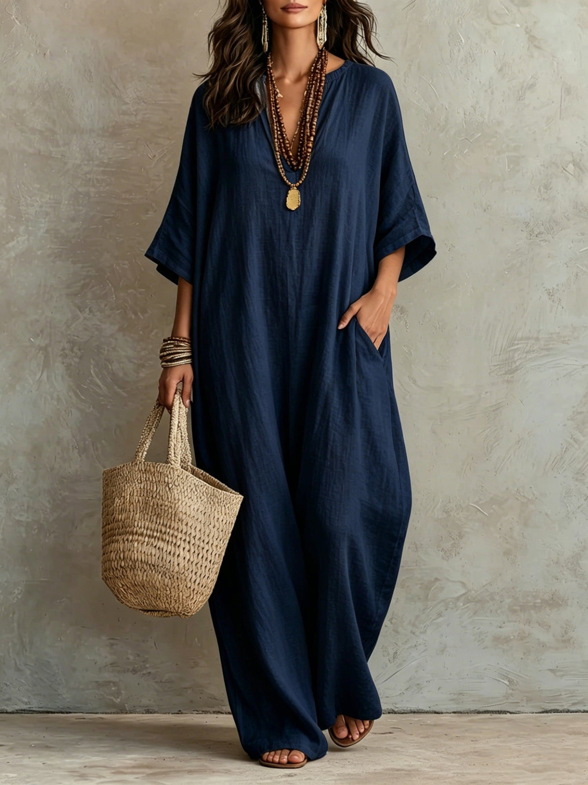 Robe Kaftan Longue Ample en Mélange de Lin à Manches Courtes Col V et Poches
