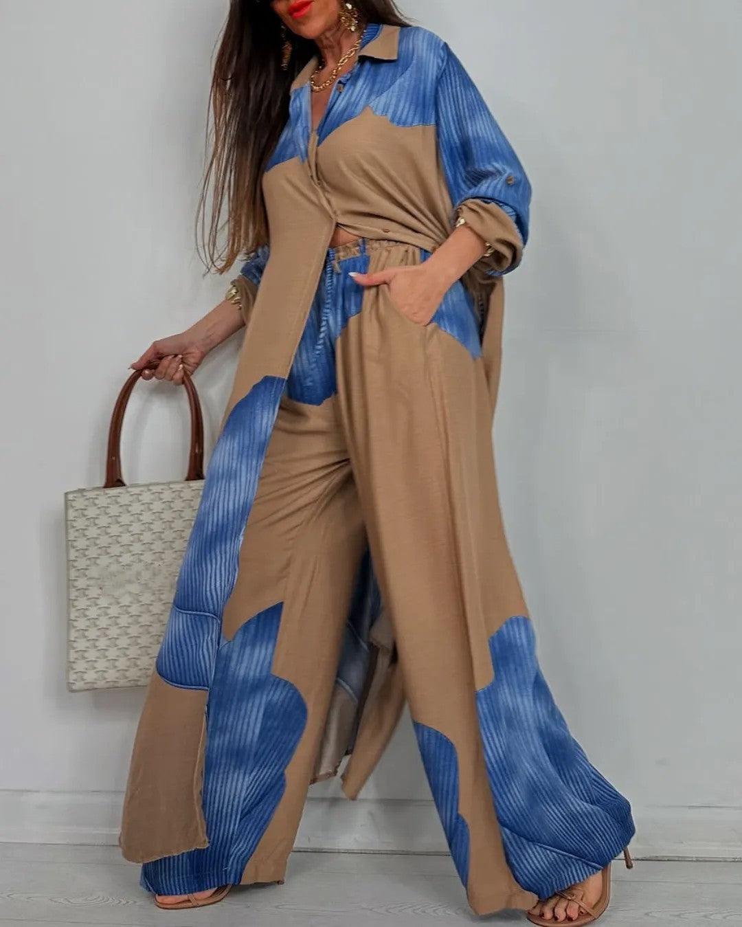 Women’s V-neck Patchwork Top and Pants Casual Set - Blue / S - Matching Sets