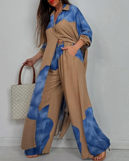 Women’s V-neck Patchwork Top and Pants Casual Set - Blue / S - Matching Sets
