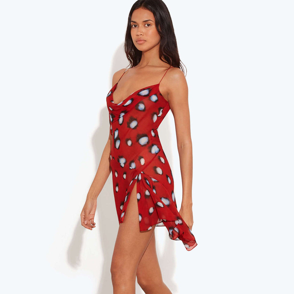 Red Abstract Spot Print Cowl Neck Spaghetti Strap High Slit Asymmetrical Mini Slip Dress