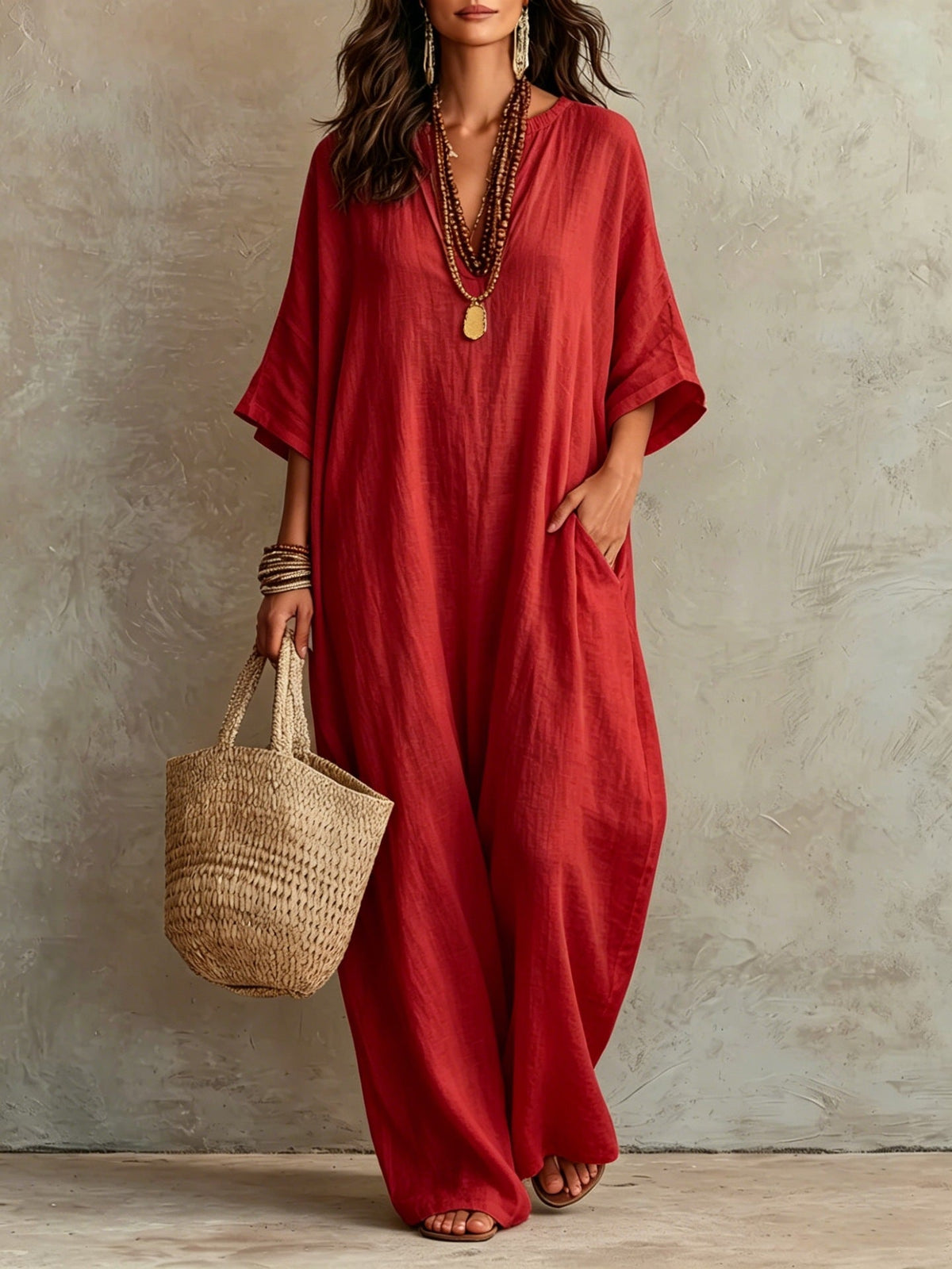 Robe Kaftan Longue Ample en Mélange de Lin à Manches Courtes Col V et Poches