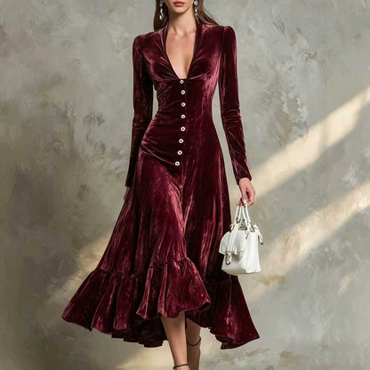 Robe midi en velours boutonnée sur le devant