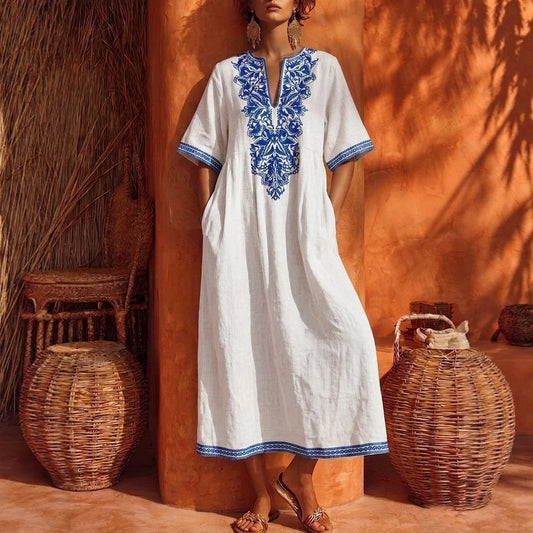 Robe Kaftan Midi à Broderies Florales en Lin, Col en V, Manches Courtes