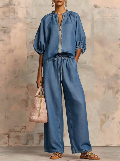 Nouveautés🔥 Ensemble deux‑pièces en lin et coton : chemise zippée élégante et confortable et pantalon à jambes larges