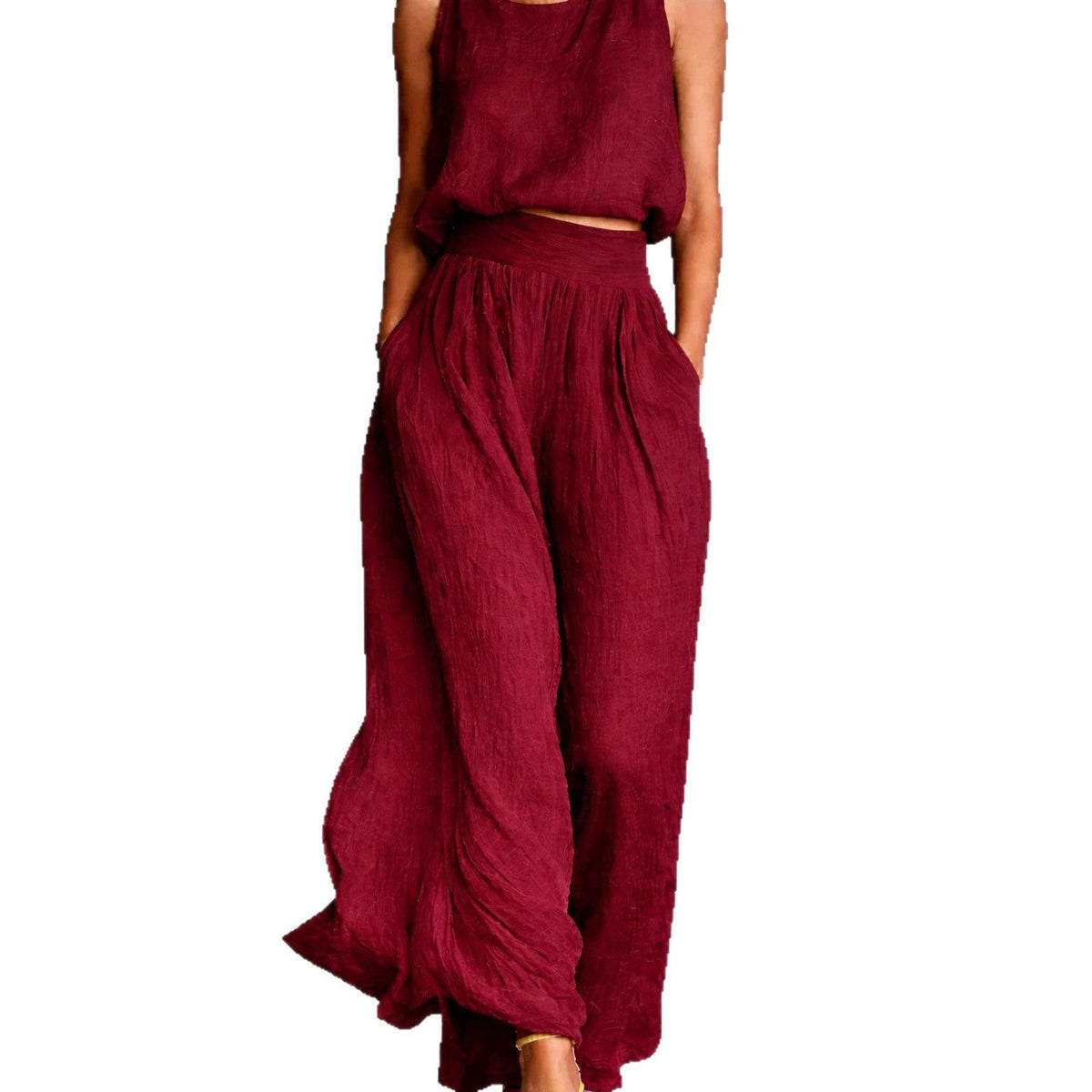 Chartreuse Textured Linen Matching Set, Sleeveless Tank Top & High Waist Flowy Wide Leg Pants