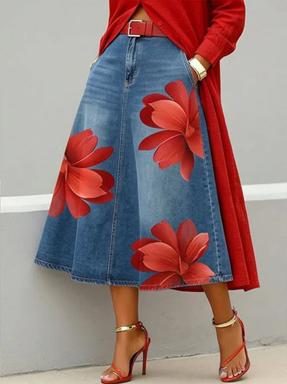 Floral Denim Midi Skirt
