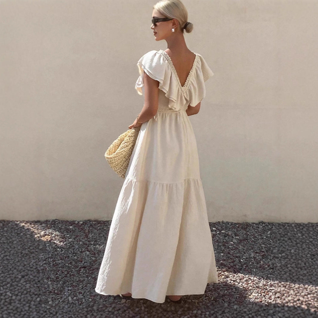 Women Solid V Neck Flutter Sleeve Loose Tiered Flowy Maxi Dress For Summer Vacation
