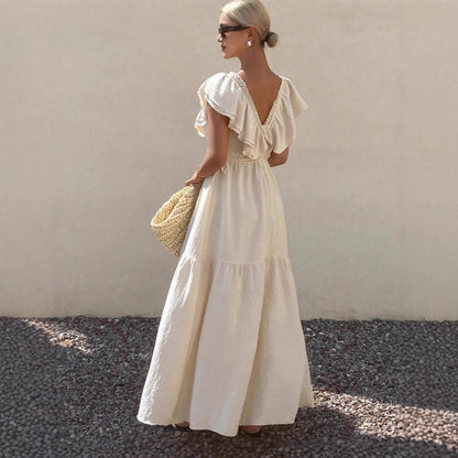 Women Solid V Neck Flutter Sleeve Loose Tiered Flowy Maxi Dress For Summer Vacation