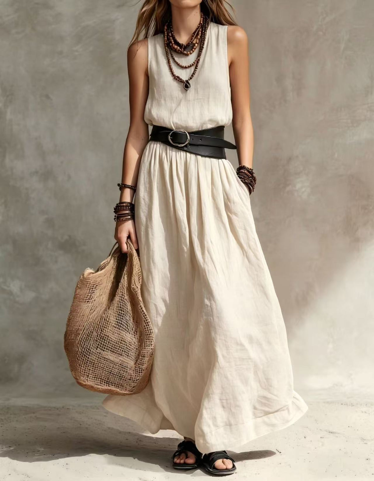 Robe longue sans manches à col montant et ceinture