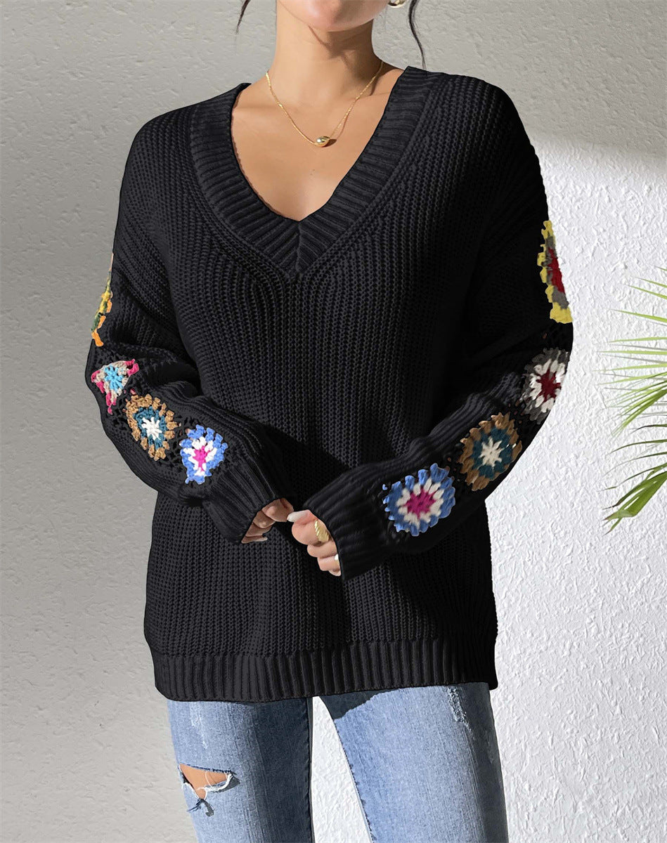 Pull à col V avec fleurs au crochet
