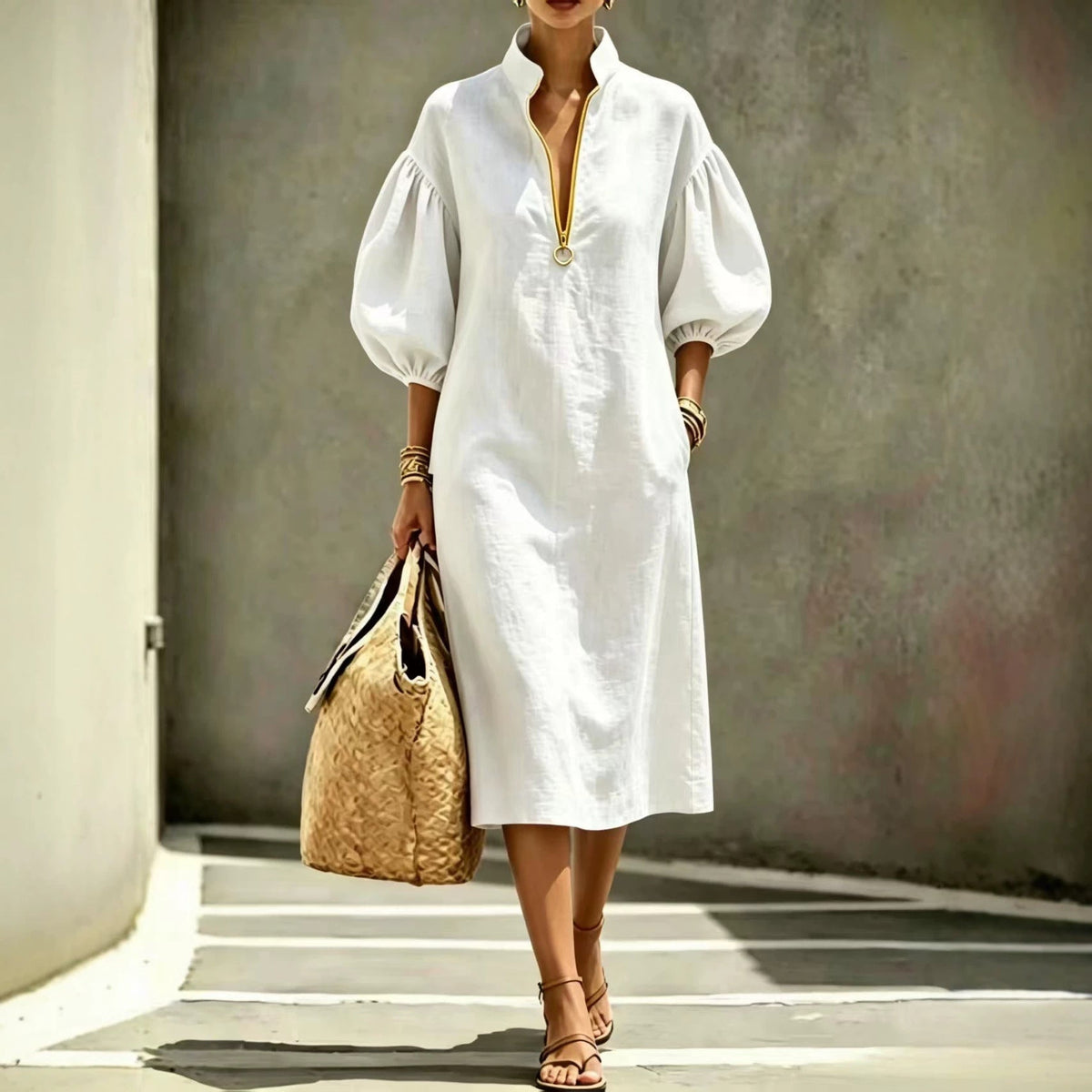 Stand Collar Half Zip Puff Sleeve Linen Blend Midi Dress, Loose Pocket Casual Vacation Long Dress