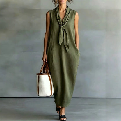 Natural Beige Linen Sleeveless Front Tie Knot Midi Shift Dress