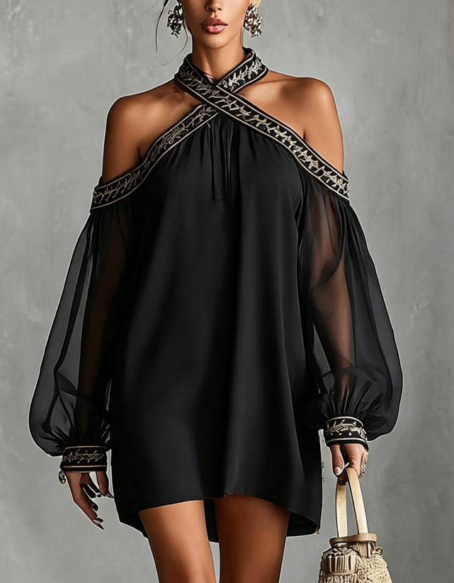 Embroidered Trim Sheer Long Sleeve Loose Tunic Dress