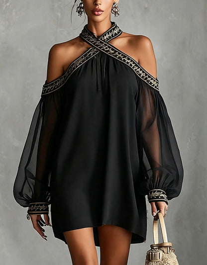 Embroidered Trim Sheer Long Sleeve Loose Tunic Dress