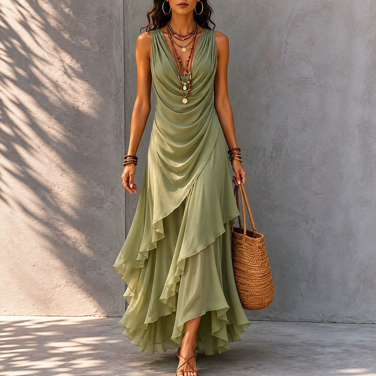 Sleeveless Draped V-Neck Asymmetrical Ruffle Maxi Dress